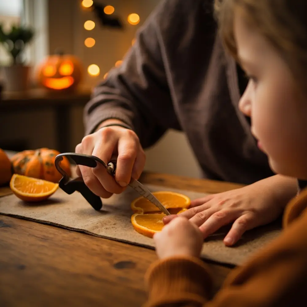 Spooktacular Halloween Fruit Platter: Easy Jack-o'-Lantern Faces & Kid-Friendly Fun 2 Hands jack cutter orange lantern cookie knife a face o up on of create p small or using slice em and 8217 an close child possible adult if image 2 to