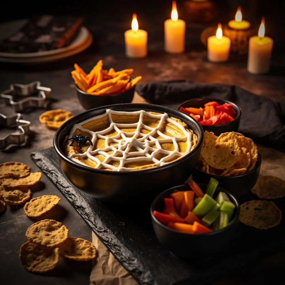 15 Spooktacular & Family-Friendly Halloween Birthday Appetizers (Quick & Allergy-Aware!) 2 Design hummus by with a up of sour p dip shot veggie cream close colorful spiderweb image sticks 2 surrounded