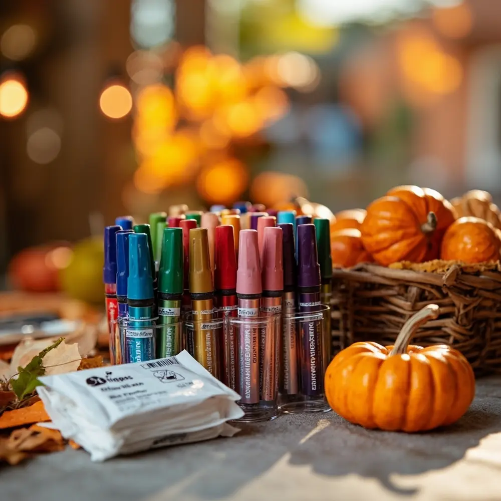 How to Set Up a Fun DIY Pumpkin Painting Station at Your Wedding 1 Various wipes colors on a up of stack p basket the arranged glass mini em and neatly close pumpkins in image pens paint wet 2 standing protected table jars