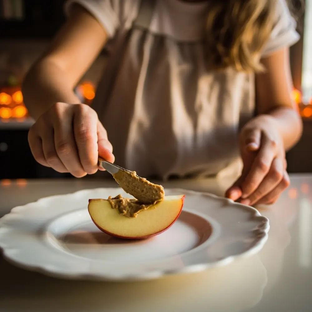Spooky & Sweet: Easy DIY Apple Monster Bites Tutorial for Healthy Halloween Fun 2 Wedge hand on a up of p butter spreading shot apple em an nut close image evenly 2