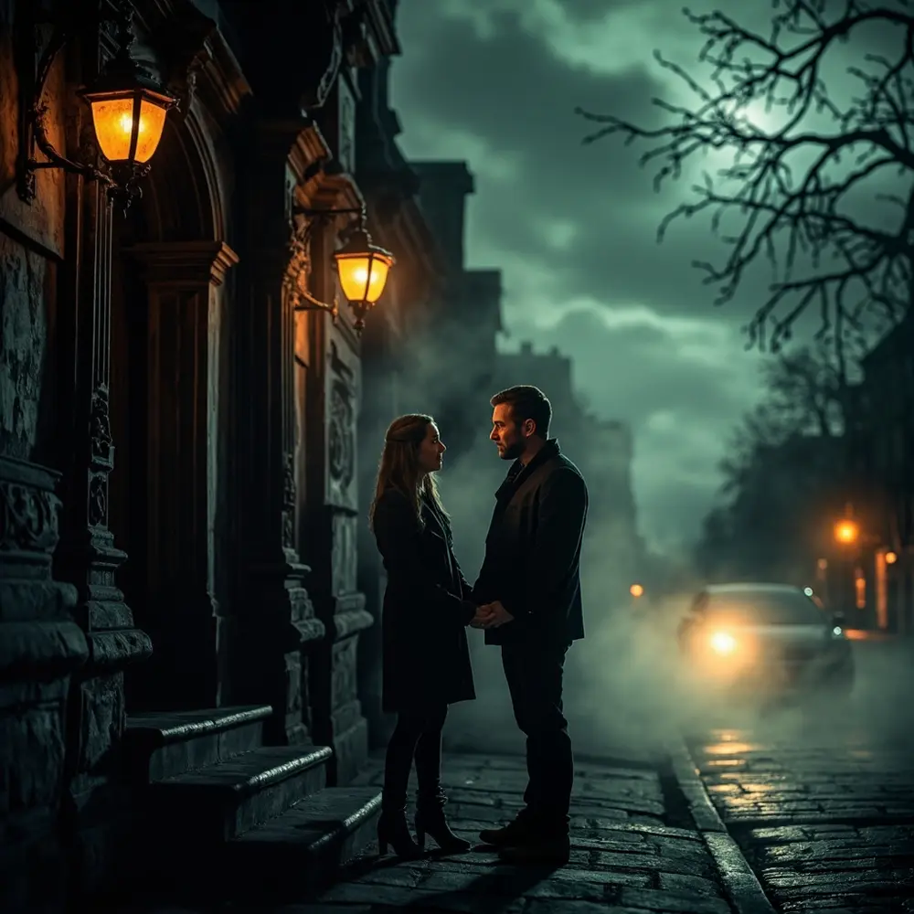 10 Spooktacular Halloween Wedding Anniversary Ideas for a Hauntingly Romantic Celebration 2 Building historic hands but dimly looking smiling a known p slightly ghost scared image for couple stories holding 2 lit outside