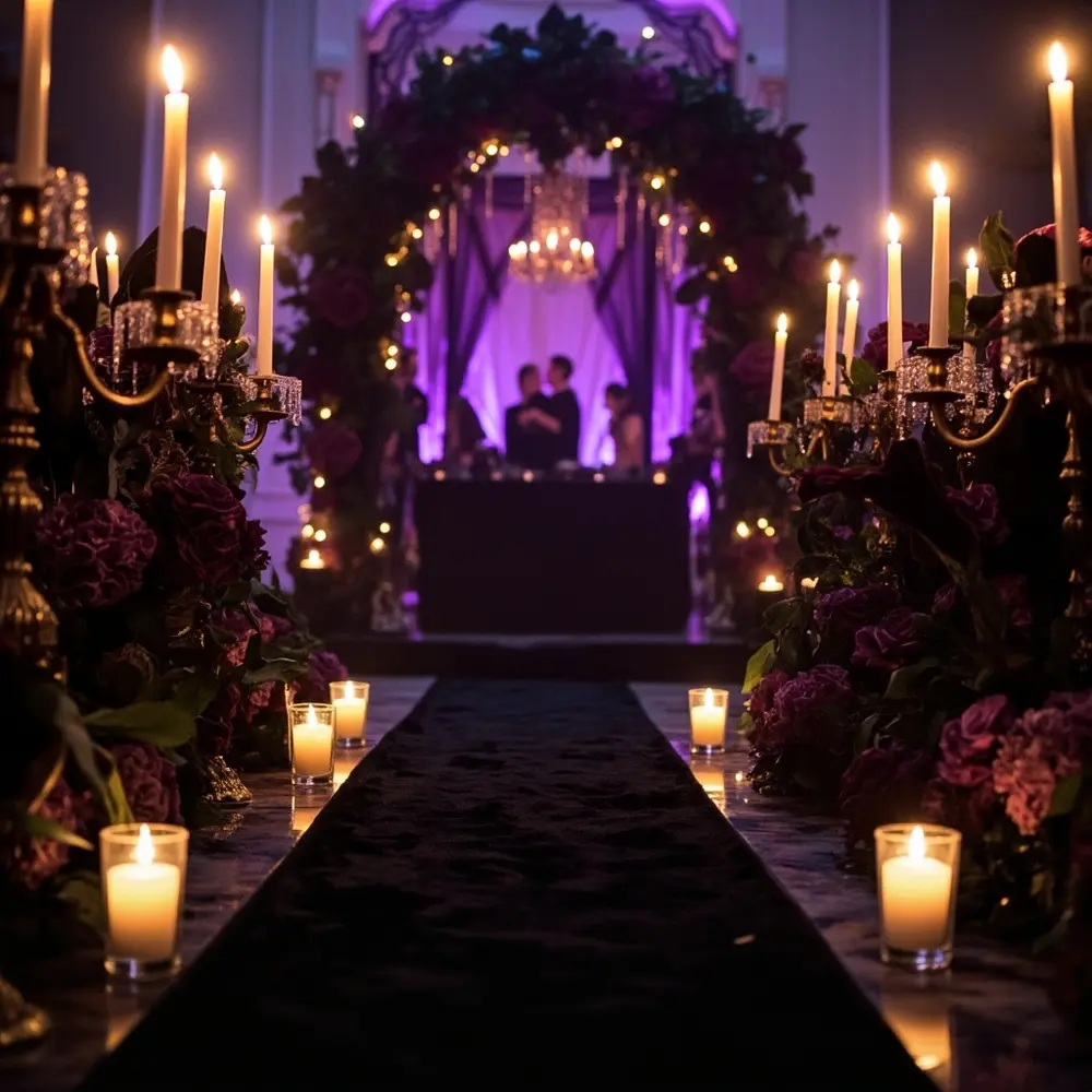 Flickering florals black purple with adorned a p wedding tall draped aisle and an deep in altar candelabras image velvet runners 2 flames