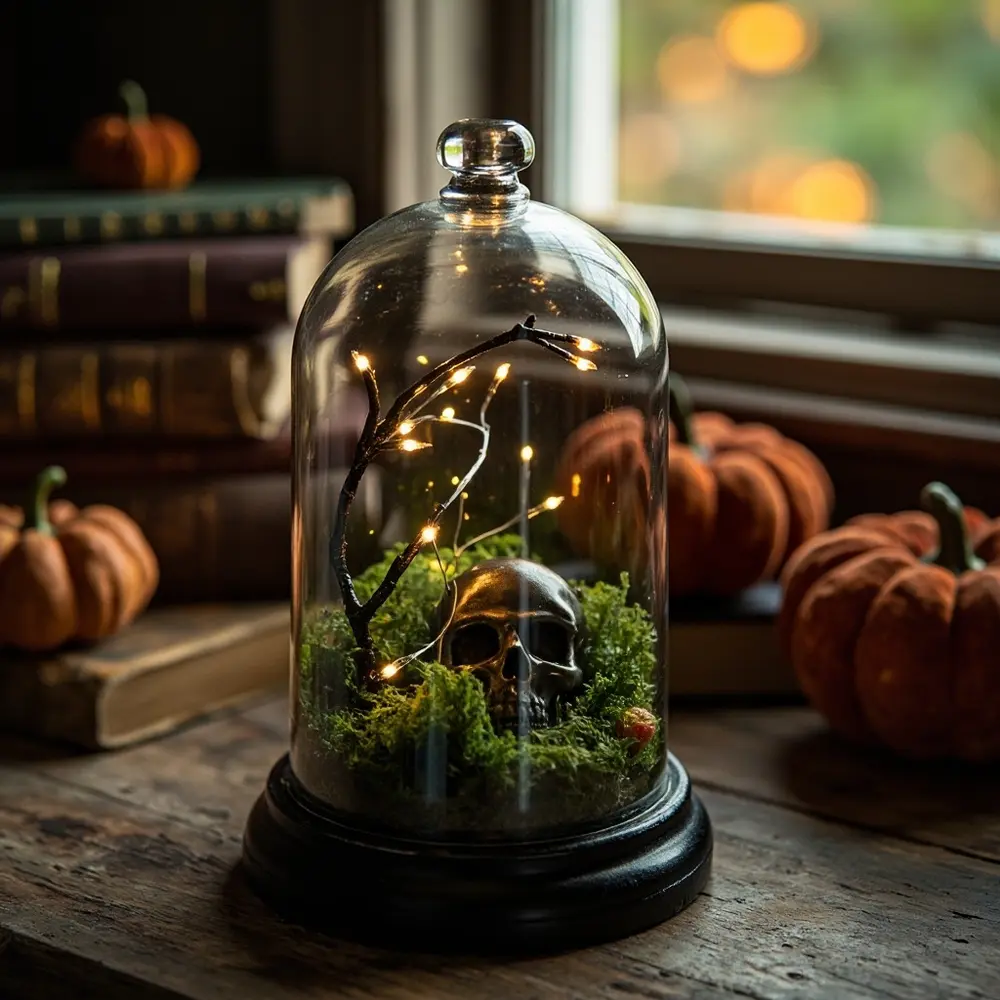 12 Easy Homemade Halloween Wedding Centerpiece Ideas That Look So Chic 2 Instruction fairy moss dark lights branch a up of p skull subtle featuring glass and close terrarium image placement tiny 2