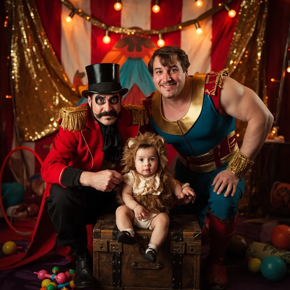 12 Spooktacular Matching Family Costume Ideas for a Halloween Birthday Bash 2 White front strongman instruction costumes with posing baby family backdrop a of p or the cute and in colorful as lion image placement circus 2 tent red striped