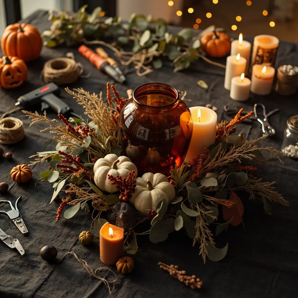 How to Create Moody Rustic Fall Wedding Decor (Easy DIY Guide) 2 Flat vase instruction centerpiece lay materials a gun of p foliage all one candles pumpkins image glue for placement needed 2
