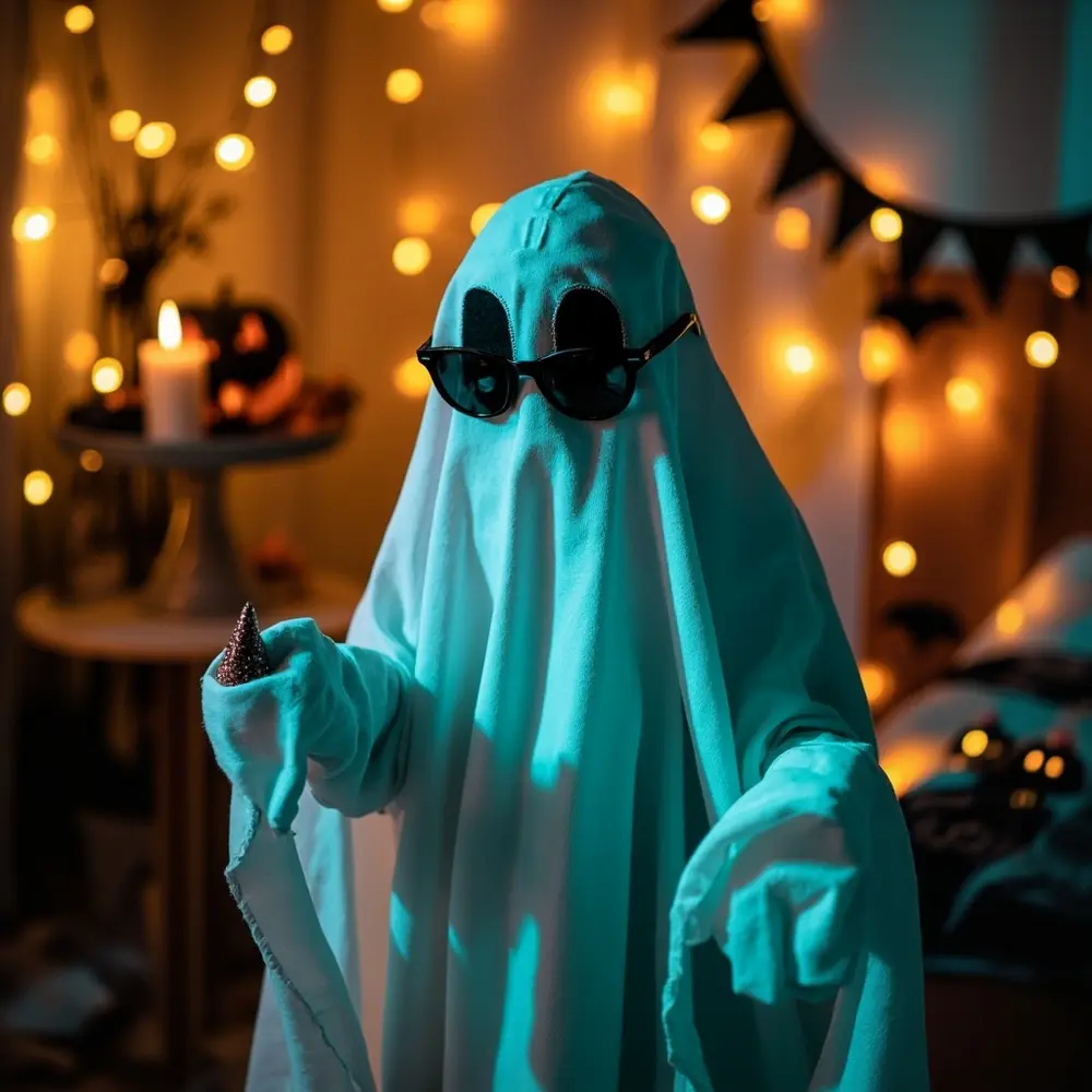 15 Clever & Quick Last-Minute Halloween Birthday Costumes for Party Guests 2 Friendly favor instruction cool perhaps looking a under sheet p wearing ghost sunglasses person image placement party holding 2