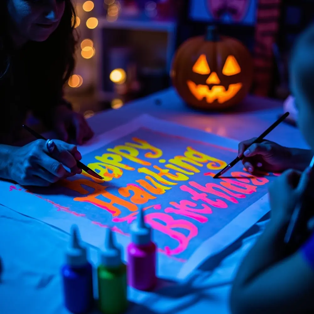 DIY Glow-in-the-Dark Halloween Birthday Party: Decorations, Favors & Games 2 Happy 8221 8220 hands glowing painting effect birthday with showing a up uv of p banner reactive the shot em close image paint haunting 2