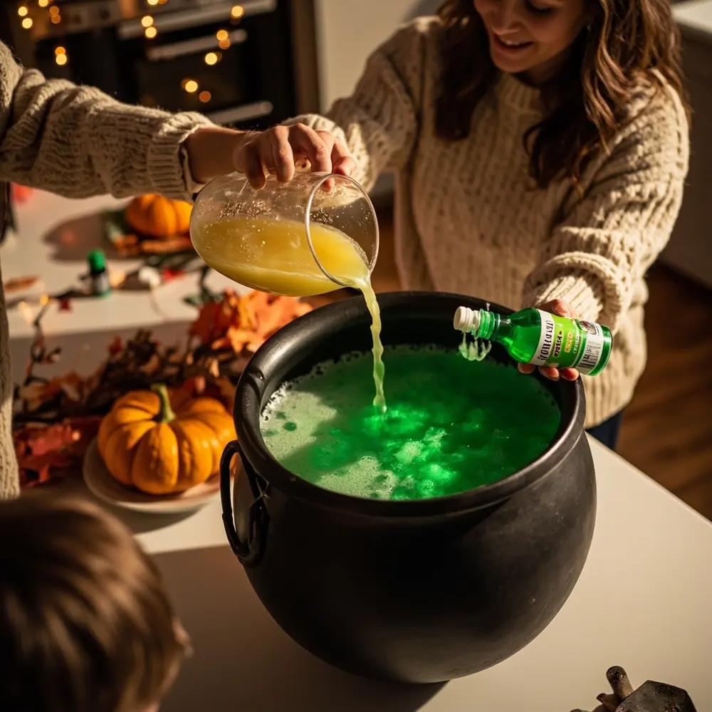 Brew Up Fun: The Ultimate Glowing, Kid-Friendly Witch's Cauldron Punch Tutorial 2 Different showing form starting placement pouring instruction hands into cauldron 2 p to color liquids image the