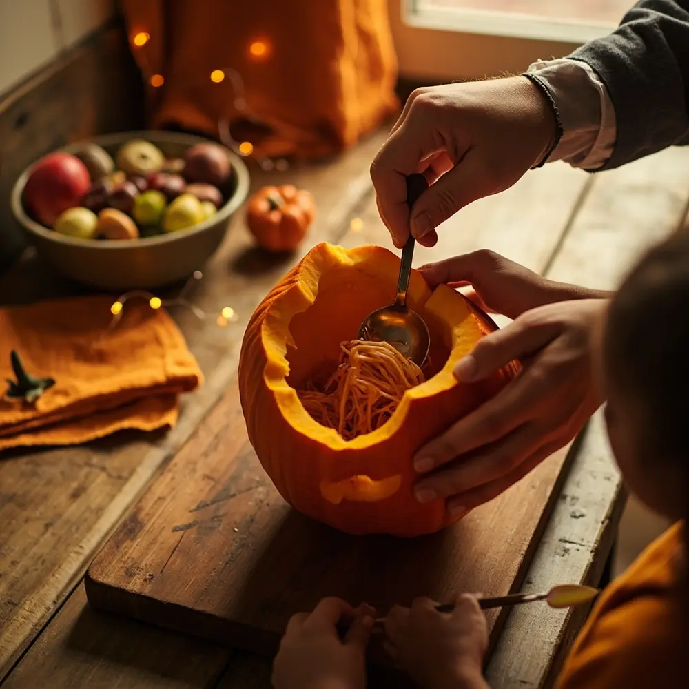 Easy Jack-o'-Lantern Oranges: A Healthy & Fun Halloween Snack Tutorial 2 Hands orange pair a scoop of hollowed spoon p small using pulp em out carefully image partially from 2 to