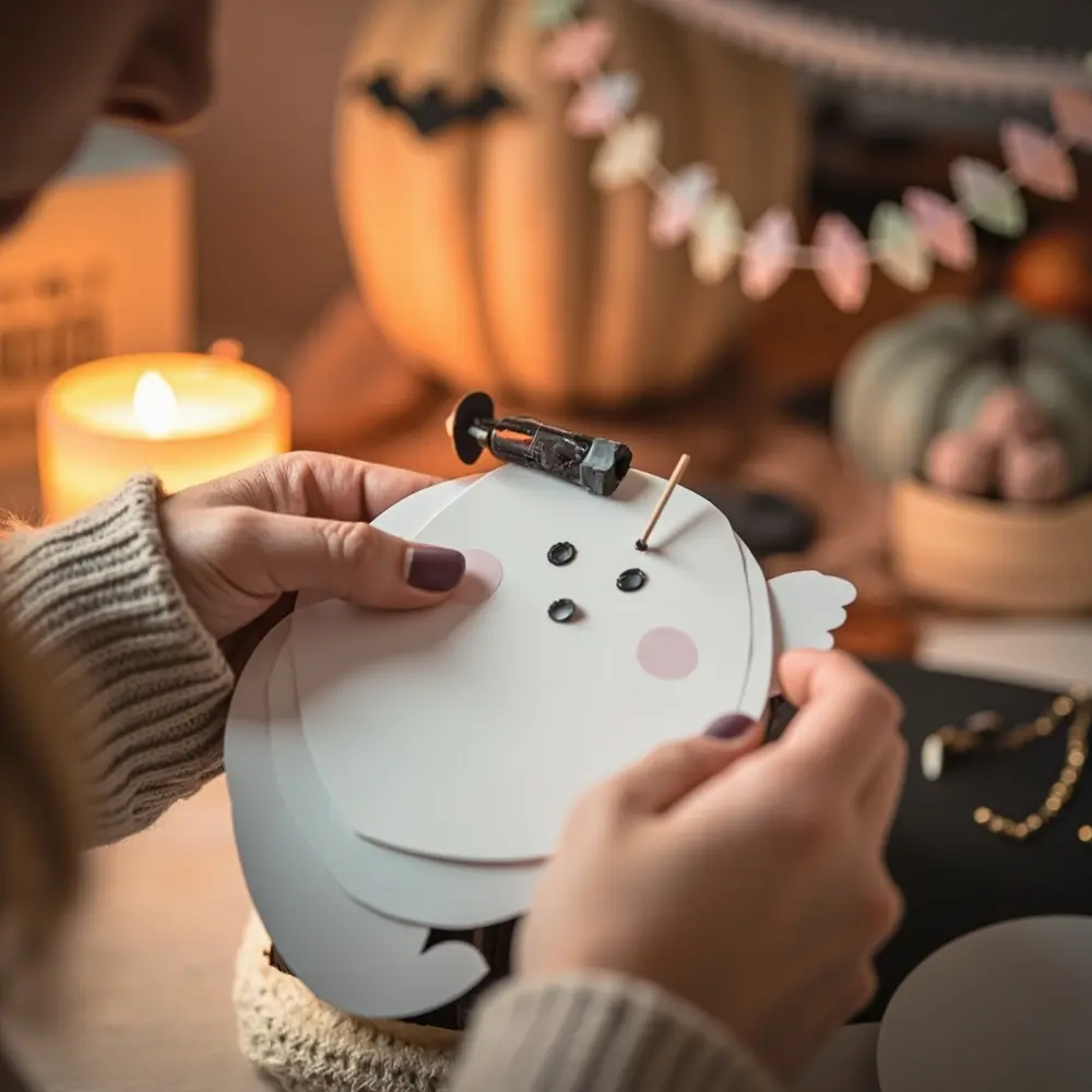 Step-by-Step DIY: Halloween Cake Toppers & Themed Cupcakes (Cricut & No-Cricut Options!) 2 White eyes hands black a up of layered p small gluing onto shot ghost em close topper carefully image cardstock 2