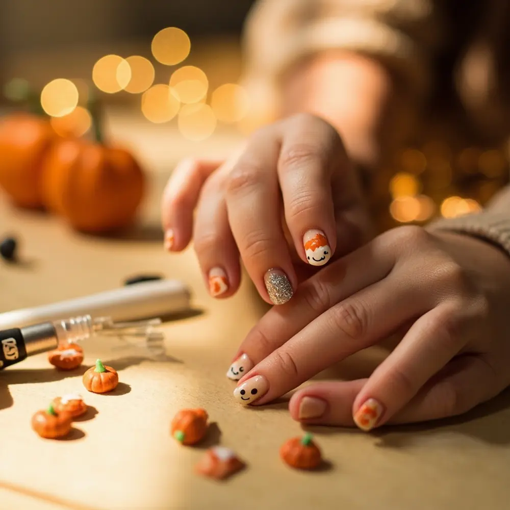 19 Insanely Cute Halloween Nail Designs Kids & Moms Will Adore (Kawaii, Pastel & Retro Fun!) 2 Pumpkin cute h2 kawaii 2 patch nails