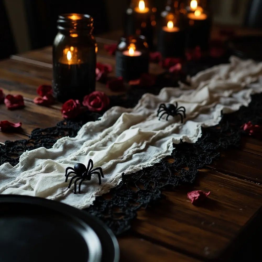 15 Jaw-Dropping DIY Halloween Wedding Ideas That Won't Break the Bank 2 Black with strategically spiders made a up of layered p lace shot and close image faux cheesecloth from runner 2 few placed table