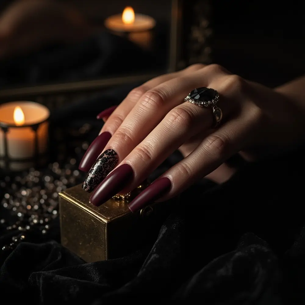 Instruction black burgundy delicate with matte a coffin p featuring lace one deep in shaped accent nail image placement long pattern 2 nails