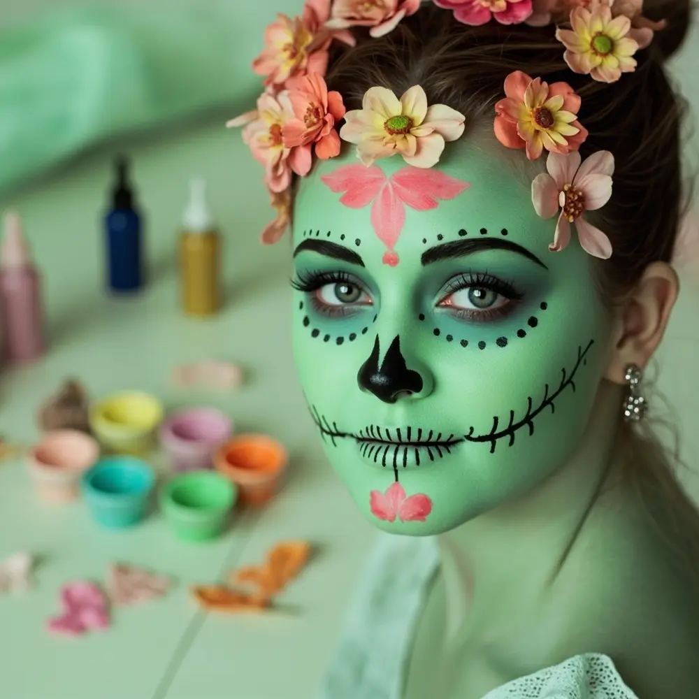 12 Sweet & Spooky Pastel Skeleton & Sugar Skull Makeup Ideas 2 Instruction with adorned a model sugar p small skull cheerful colorful flowers green mint image placement makeup 2