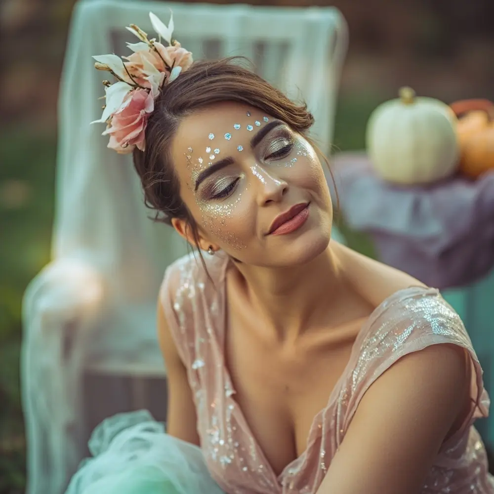 12 Cute & Easy Halloween Makeup Looks for Moms (Witch, Fairy, Cheetah & More) 2 Instruction fairy mom perhaps with delicate a face p or soft shimmery crown image placement makeup gems 2 flower