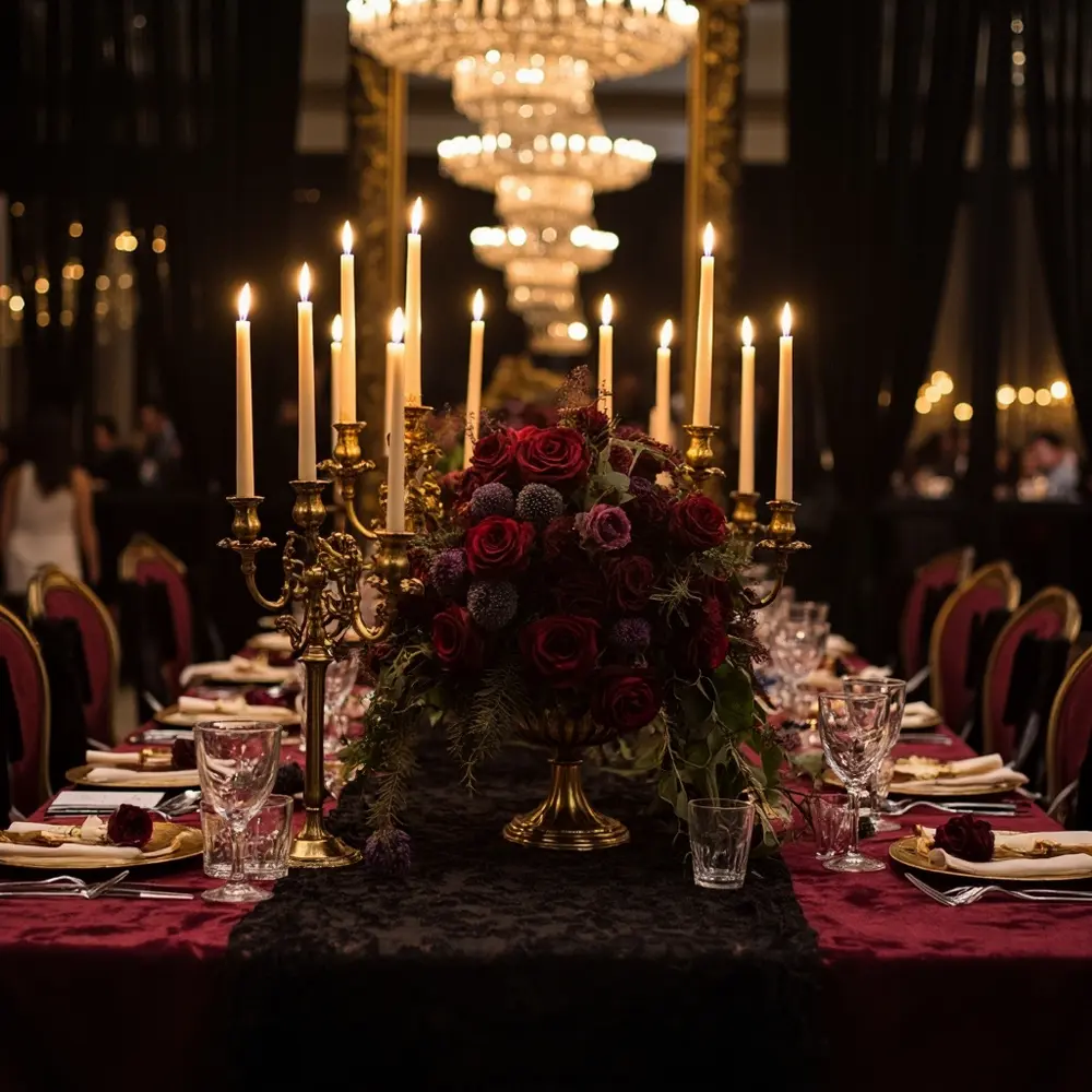 The Ultimate Romantic Goth Wedding Guide: Inspo & Ideas You'll Love 2 Instruction black floral warm with adorned a bathed vintage p soft tall style lace and deep in reception candelabras arrangements image placement settings runners light 2 place red table