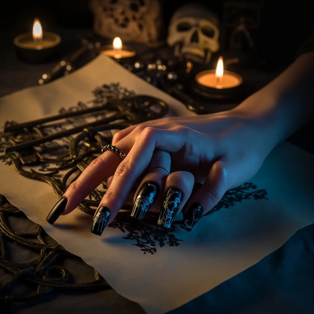 18 Genuinely Spooky & Scary Halloween Nail Ideas for 2025 2 Instruction base dark delicate intricate matte on a of iron p or featuring wrought gates etchings tombstones bare image placement lone trees 2 raven nails