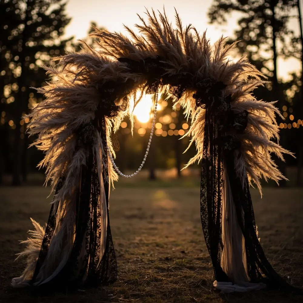 15 Boho Halloween Wedding Ideas for a Free-Spirited Spooky Vibe 2 Pampas lace ceremony grass h2 black 2 038 arch