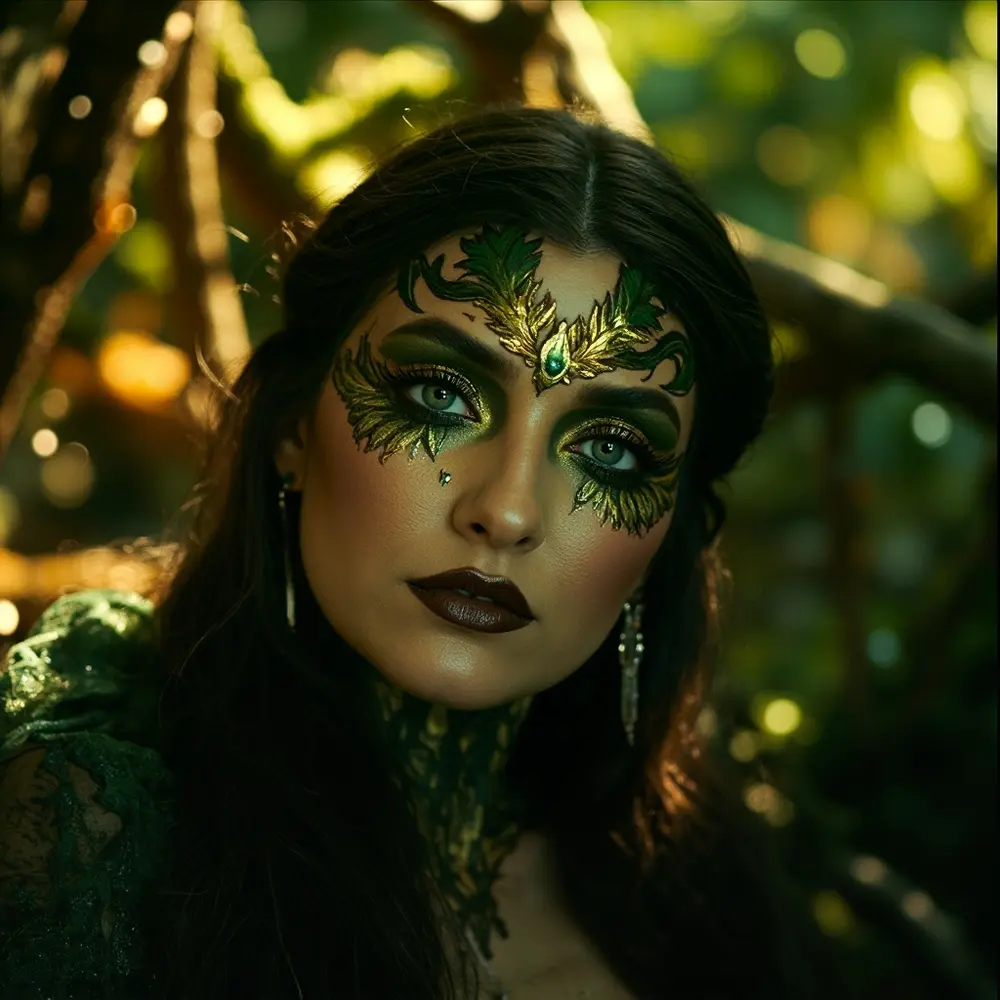 11 Glam Witch Makeup Ideas: Transform into a Modern Sorceress This Halloween 2 Patterns instruction glowing with intricate a model p subtle soft gold complexion and green image eye leaf placement makeup 2