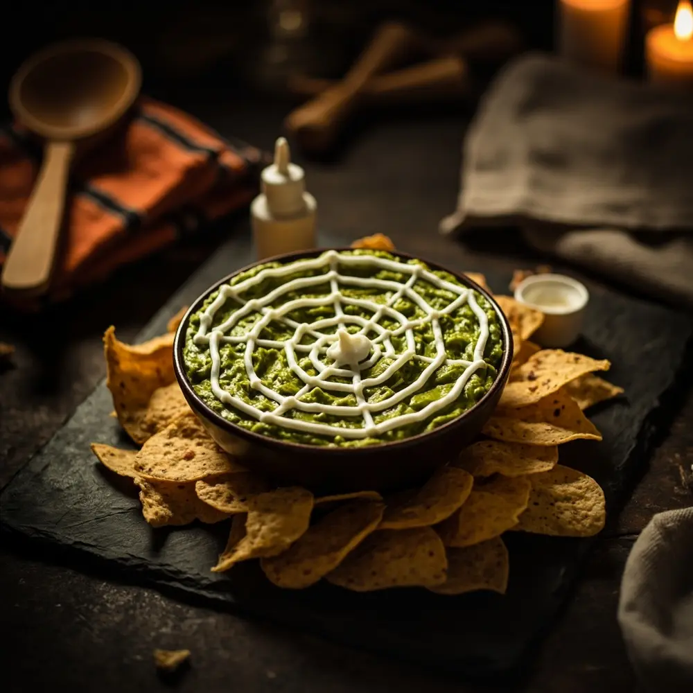 10 Easy & Quick Halloween Party Snacks for Last-Minute Fun 2 Vibrant white instruction design guacamole by with a of sour p dip shot cream down spiderweb green chips image placement top tortilla 2 surrounded