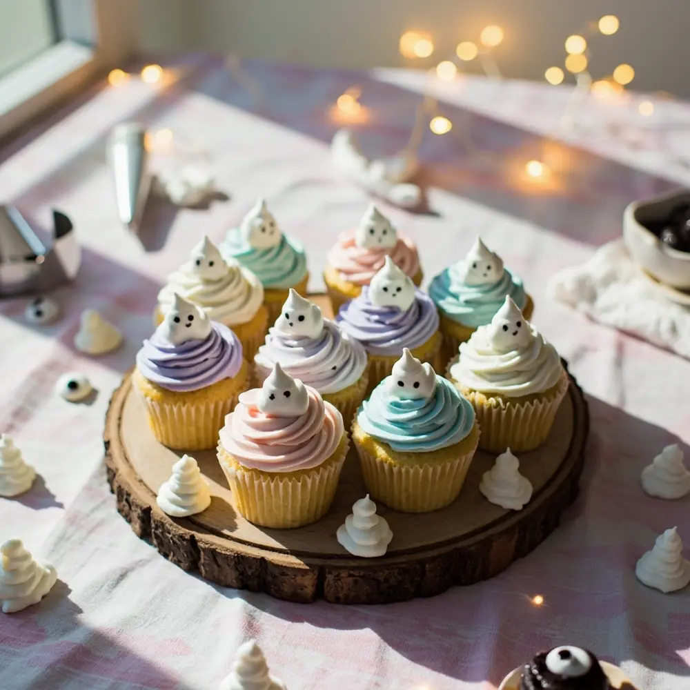 10 Adorably Spooky Pastel Ghost Birthday Party Ideas for Kids 2 Meringue with a of decorated each p or tray ghost cute cupcakes beautifully topper image fondant pastel 2