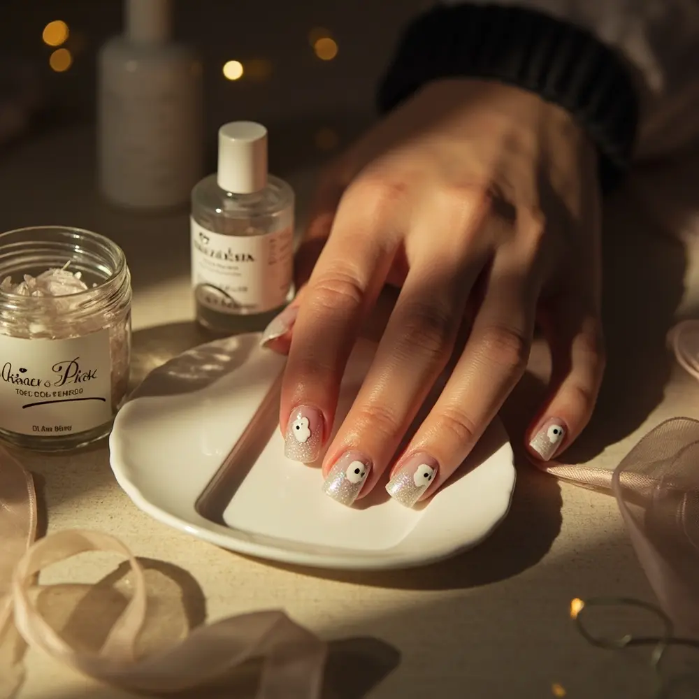 17 Girly Halloween Nail Designs That Are More Sweet Than Spooky 2 White faces instruction base with iridescent a sheer fading p the glitter ghost cute into at image placement tiny 2 nails tips