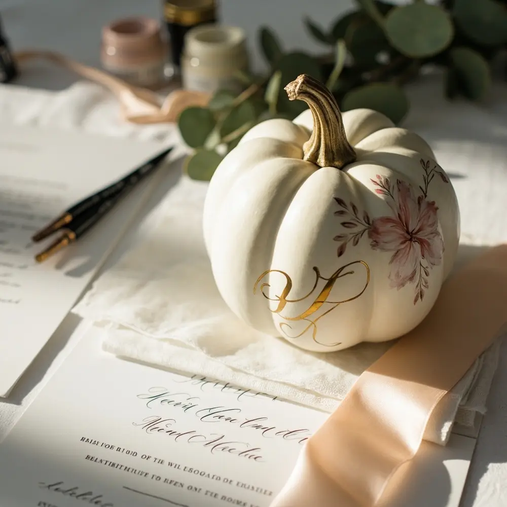 9 Creative Ways to Use Pumpkins in Your Wedding Decor (That Aren't Carving!) 2 White instruction floral perhaps with detail a monogram up of p or subtle gold silver close beautifully image placement pumpkin light 2 colored painted