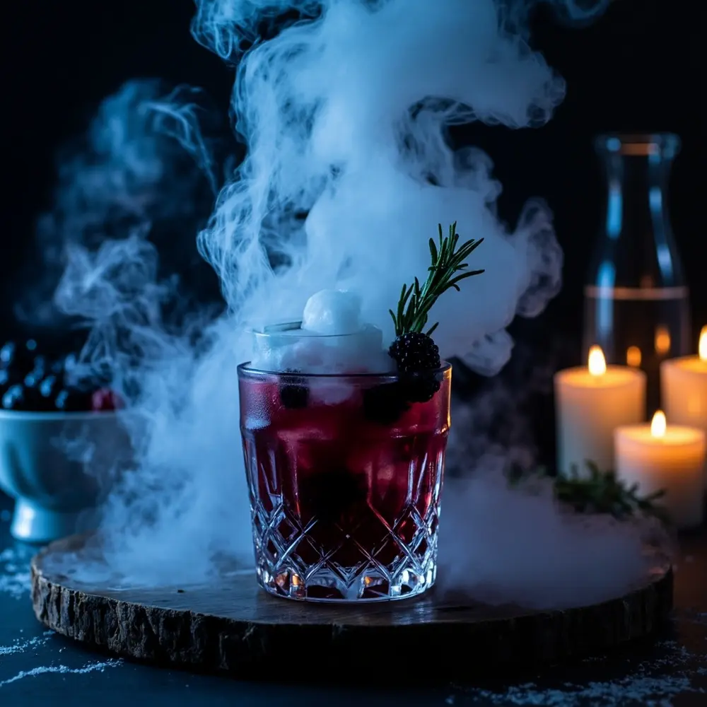 20 Spooky & Delicious Halloween Wedding Menu Ideas for Your Reception 20 Mocktail 20 dramatic glass a dry ice spilling over fog p dark colored with image the