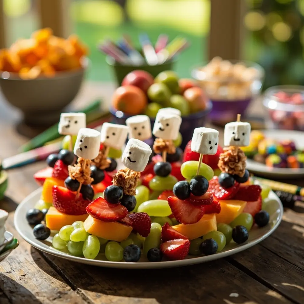 20 Delightfully Non-Scary Halloween Birthday Ideas for Kids 20 Fruit 8221 8220 instruction with marshmallow skewers a face of each p monster topped colorful image 20 placement platter