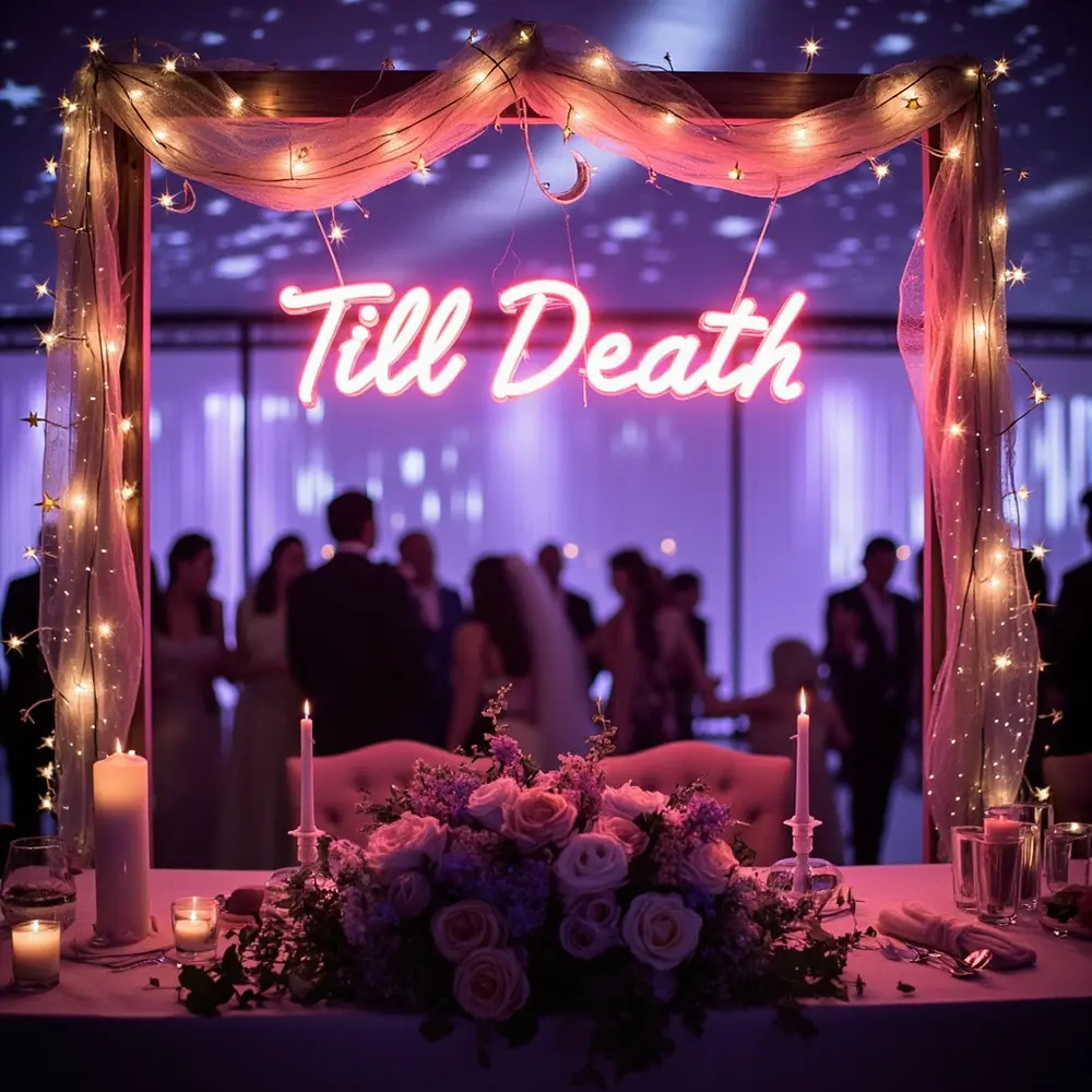 21 Cute Spooky Wedding Ideas That Are More Sweet Than Scary 20 20 colors death 8220 8221 sign neon h2 pastel till