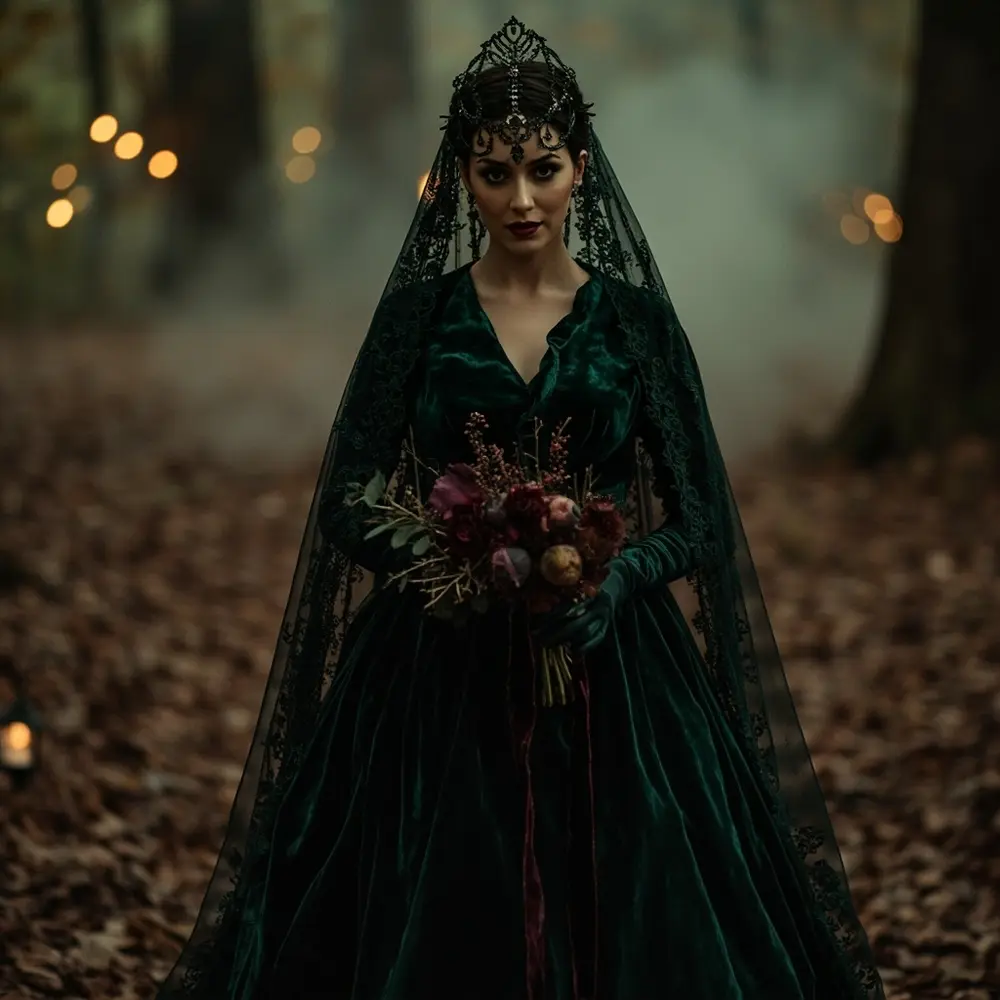 10 Enchanting Dark Fall Wedding Mood Board Ideas You Need to See 3 Bride black perhaps unique veil with setting a p natural wedding or moody gown deep in dramatic image headpiece standing 3 emerald