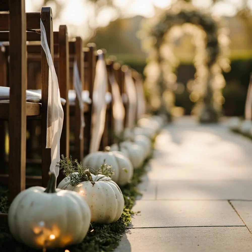 9 Creative Ways to Use Pumpkins in Your Wedding Decor (That Aren't Carving!) 3 White aisle pumpkin h2 markers 3 chic