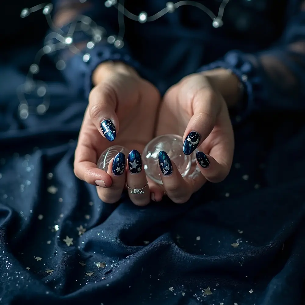 Instruction black base dark delicate with on a stars p small featuring the glitter almond silver and shaped image ring placement crescent blue moon 3 finger nails