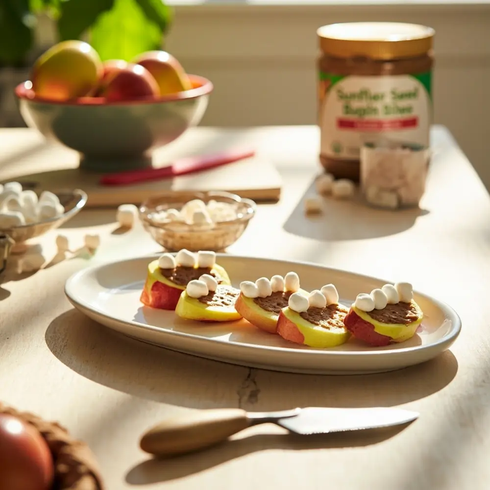 12 Spooktacular & Healthy Halloween Treats Your Kids Will Love 3 8221 8220 instruction free several marshmallow made a of p butter mouths apple monster slices and mini nut image bright from placement 3 teeth photo