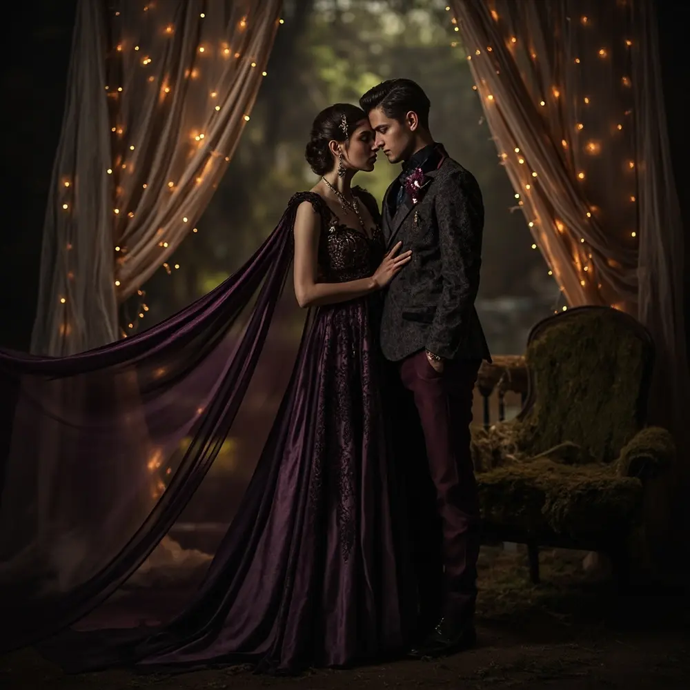 A Dark Fantasy Wedding: Magical Ideas for an Enchanted Celebration 3 Bride intricately detailed inspired dark with cape a alongside p or subtle gown in textured groom flowing image details hued fantasy suit rich 3