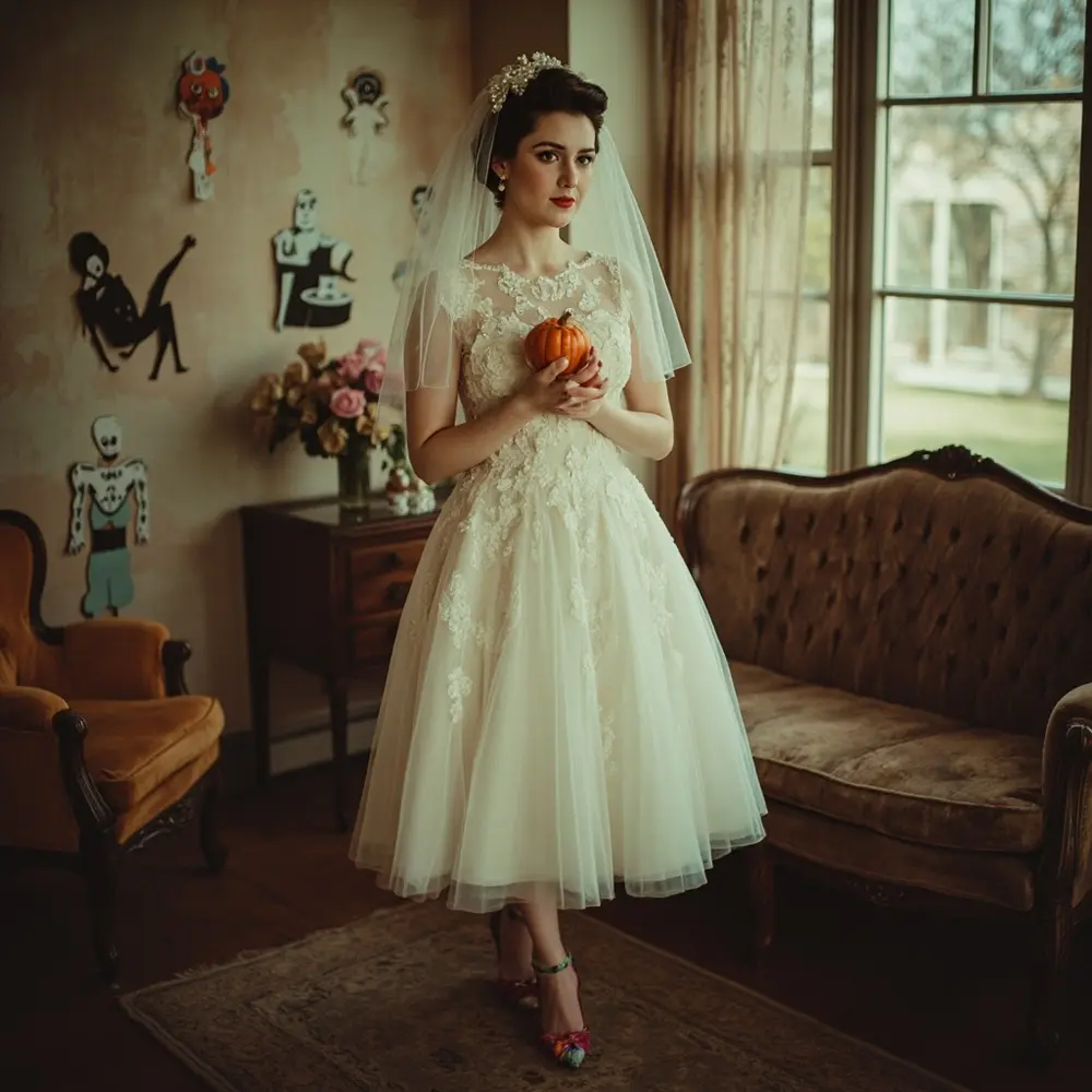 17 Cute Vintage Halloween Wedding Ideas for a Nostalgic Celebration 3 Bride accessory perhaps with dress a vintage p wedding length subtle style cute tea in image halloween 3