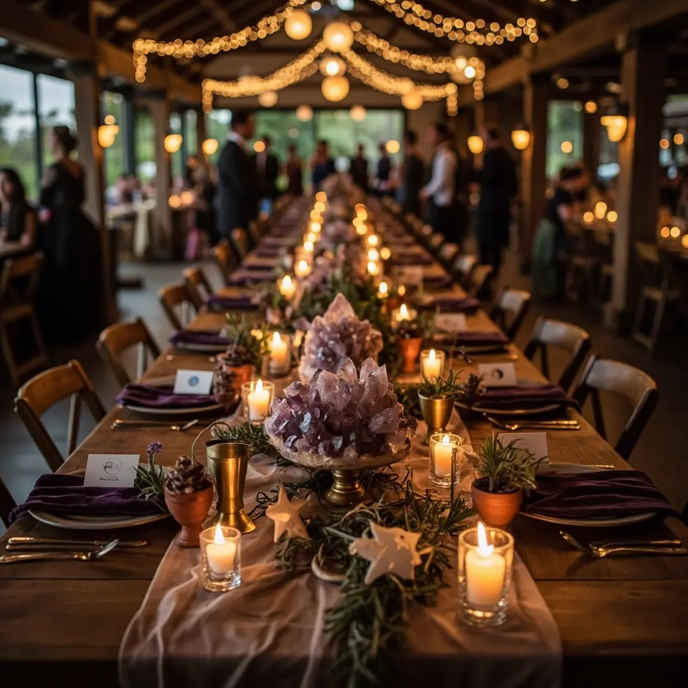 Plan Your Whimsical Witch Wedding: Enchanting Ideas for a Magical Celebration 3 Herbs fairy delicate with adorned lights a p small and crystal themed clusters reception image settings celestial 3 place potted table