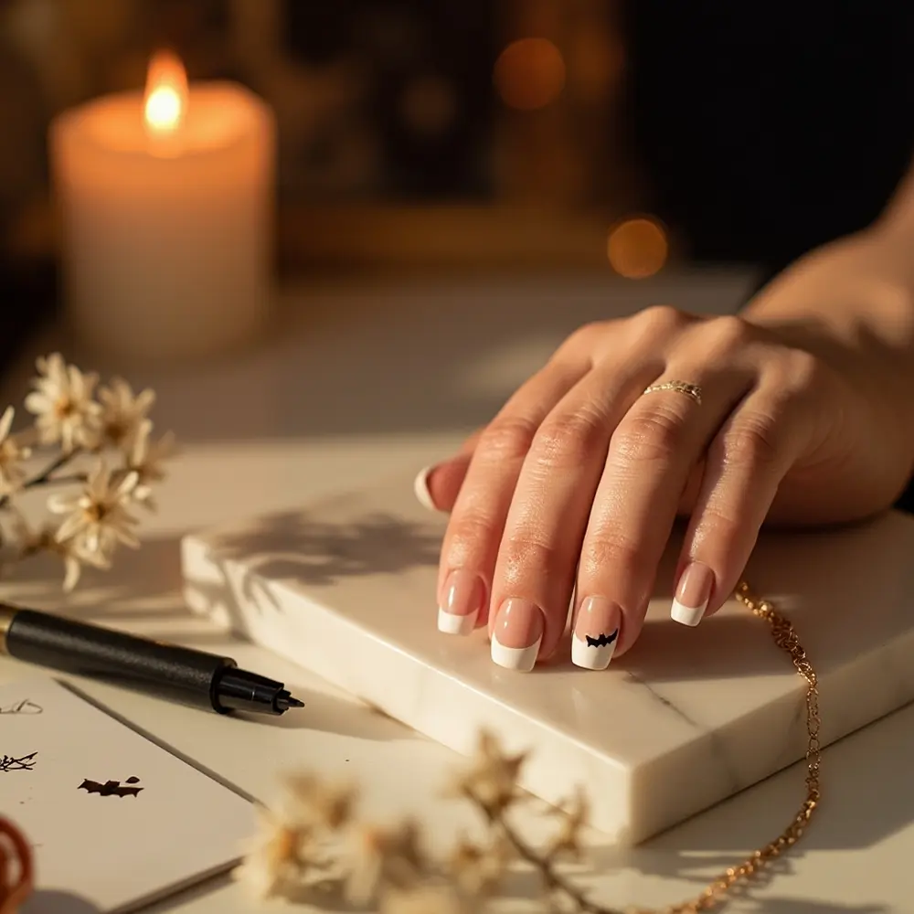 15 Classy Halloween Nail Ideas for a Sophisticated Manicure 3 White bat a tiny tip h2 ghostly 3 french with