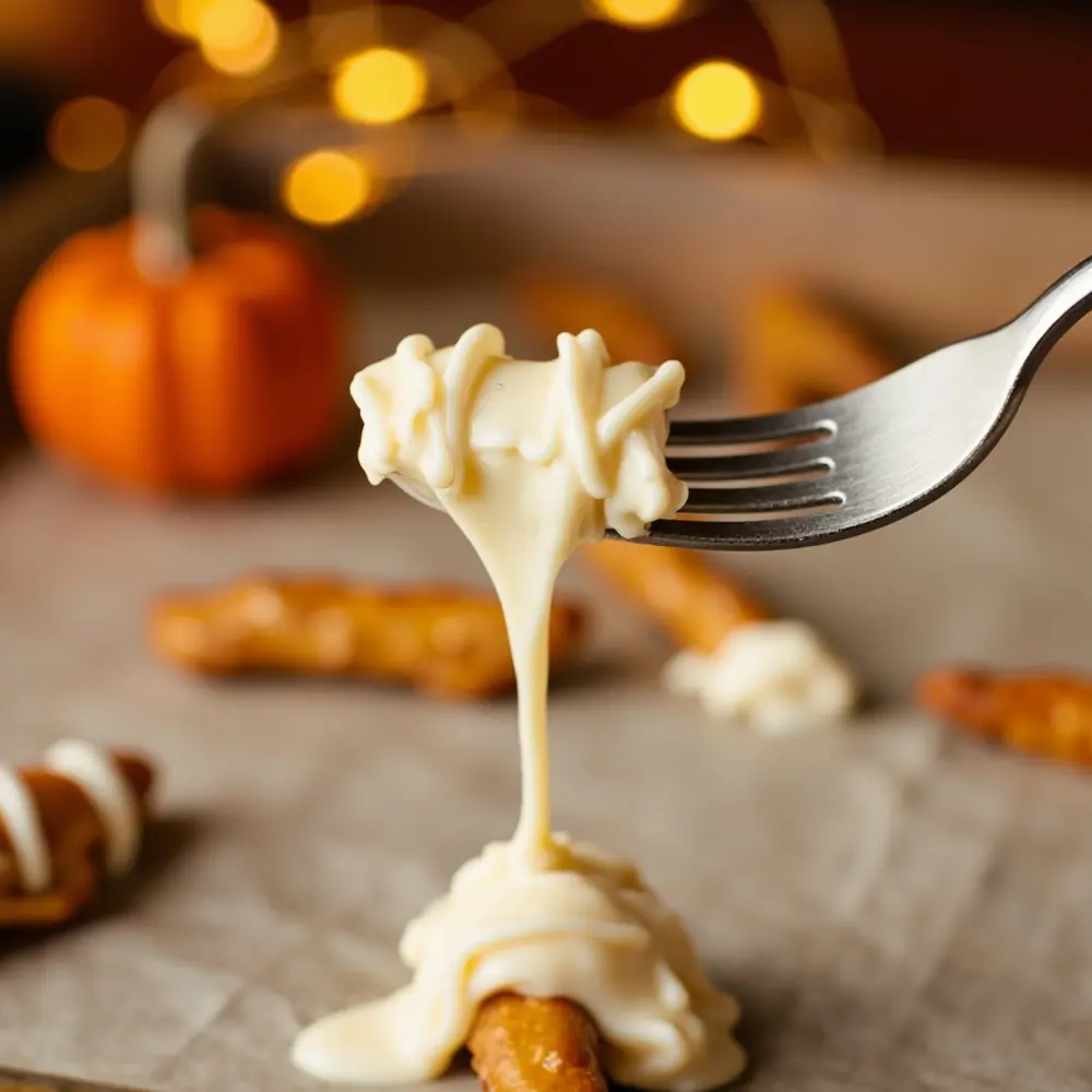 DIY Halloween Treats: Fun & Easy Craft Projects Kids Will Love 3 White fork a up drizzling of thin create p chocolate mummy pretzel set em rod over close partially image bandages 3 lines to