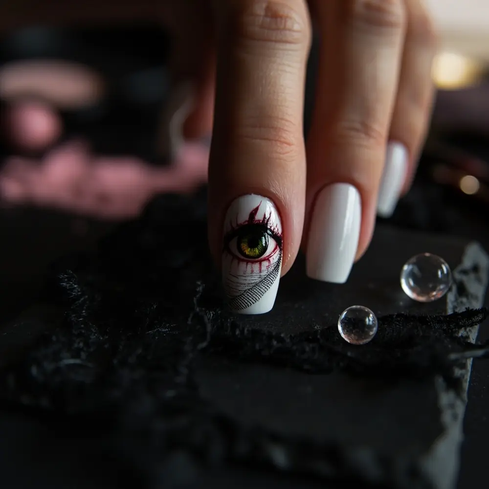 18 Genuinely Spooky & Scary Halloween Nail Ideas for 2025 3 Instruction dark with wispy a up scratched of background p or single slightly close realistic nail out image eye from placement peeking 3 bloodshot behind