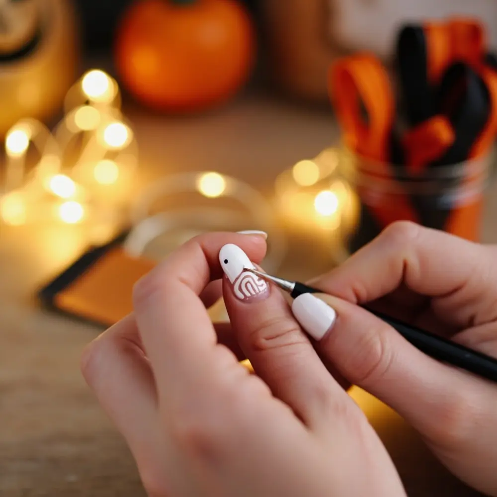 5-Minute Manicure: The Easiest DIY Ghost Nail Art Tutorial for Beginners 3 White being instruction action brush with showing a up of p toothpick or the shape ghost close in nail image formed placement 3