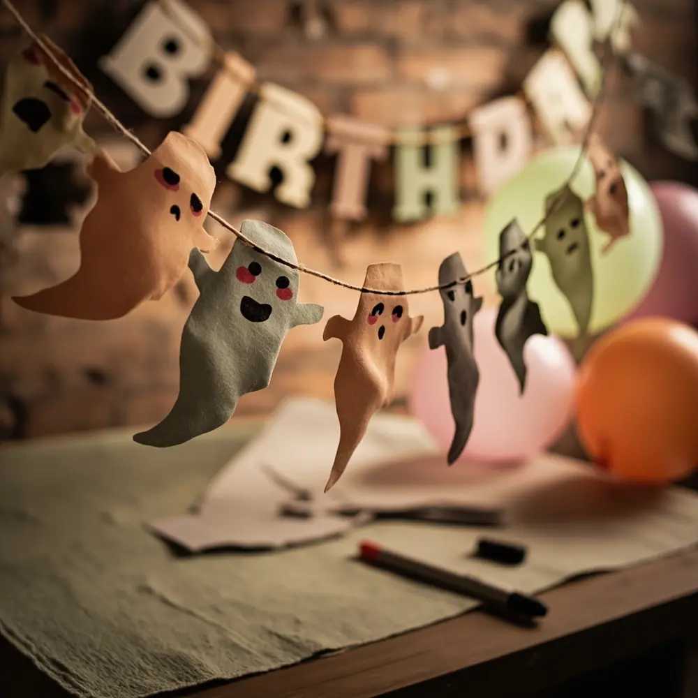 10 Adorably Spooky Pastel Ghost Birthday Party Ideas for Kids 3 Across strung happy 8221 8220 birthday with a up of p banner soft ghost close wall in garland image matching pastel 3 hues