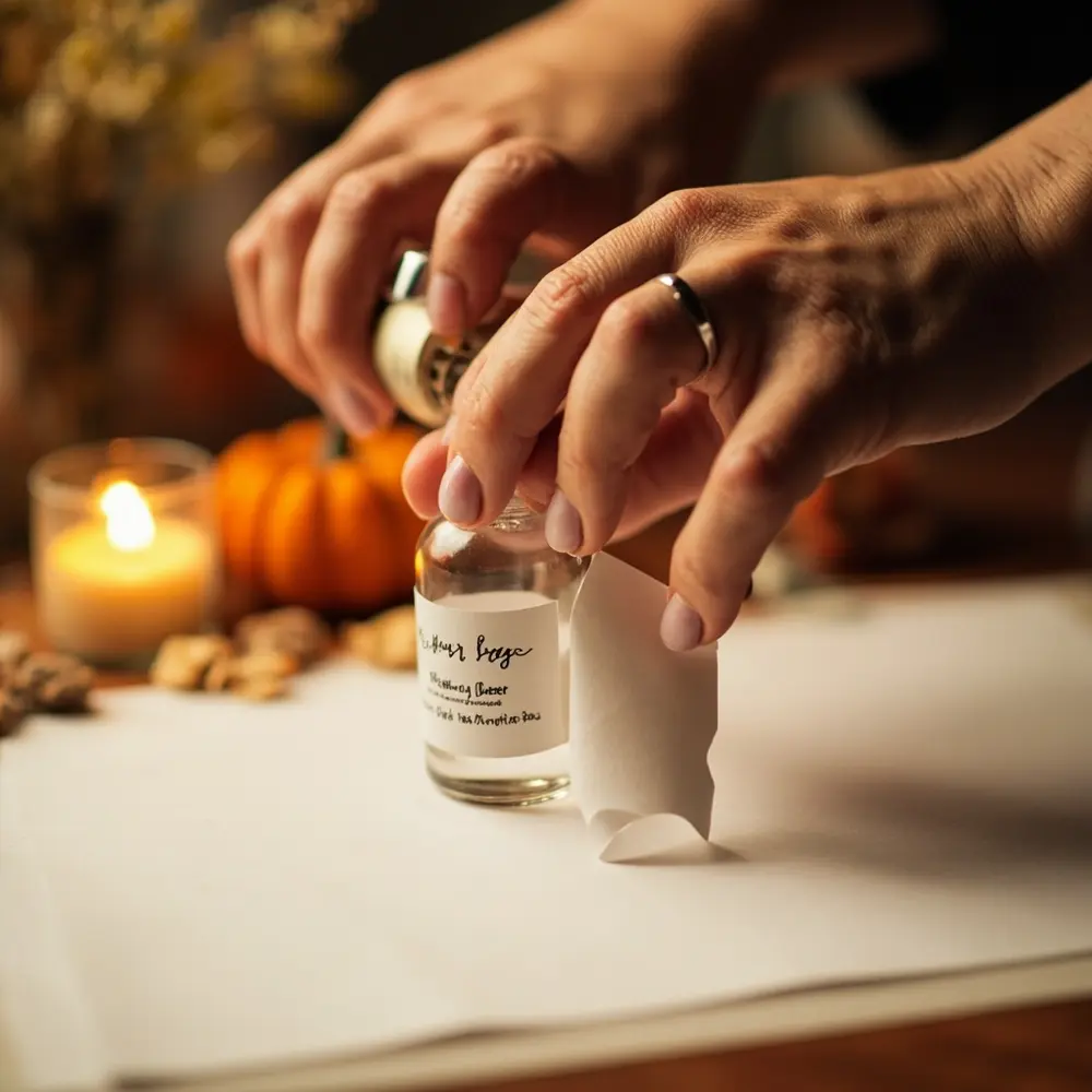 How to Make Custom Potion Bottle Favors for Your Magical Wedding 3 Instruction hands a up of p custom shot close potion carefully image placement label 3 to applying bottle