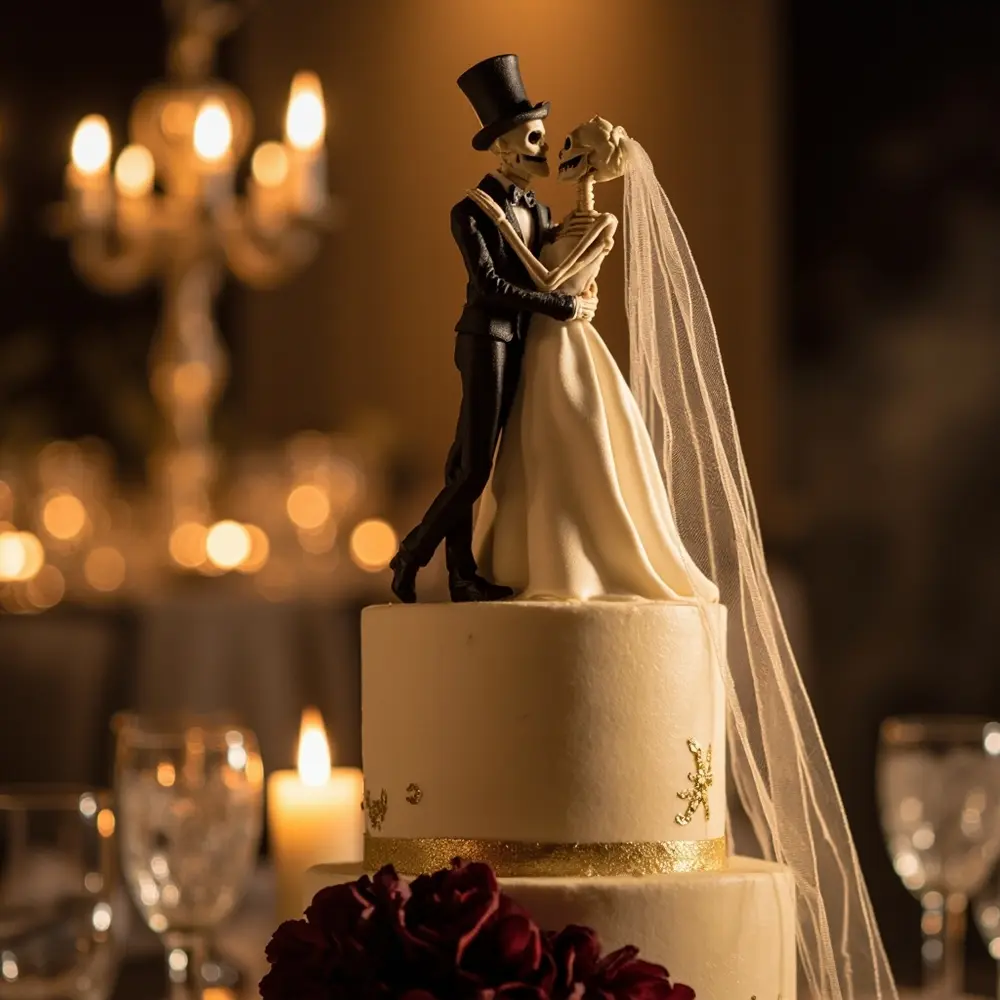 13 Elegant & Eerie 'Til Death Do Us Part' Decor Ideas for a Unique Wedding 3 Skeleton h2 3 bespoke topper wedding cake
