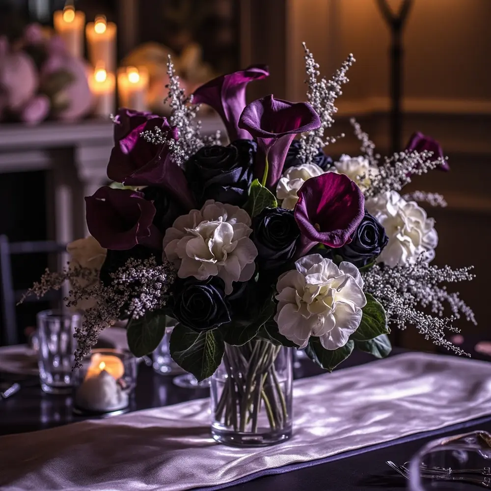 18 Cute Halloween Wedding Ideas (That Are 100% Not Scary for Kids!) 3 Instruction centerpiece floral dark with a of p stunning featuring and flowers shimmer image hint placement light 3