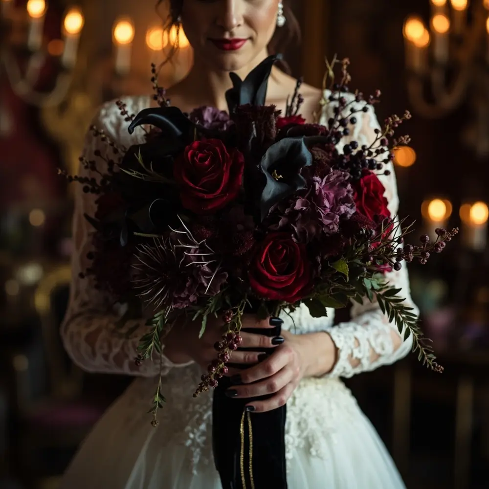 The Ultimate Romantic Goth Wedding Guide: Inspo & Ideas You'll Love 3 Instruction tied black purple lilies dark with bouquet a trailing p bridal featuring greenery hydrangeas ribbon and deep calla dramatic image velvet placement roses 3 red