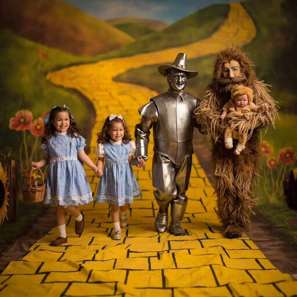 12 Spooktacular Matching Family Costume Ideas for a Halloween Birthday Bash 3 Instruction dressed man dorothy path family on a cowardly p walking and scarecrow as lion image placement 3 tin yellow