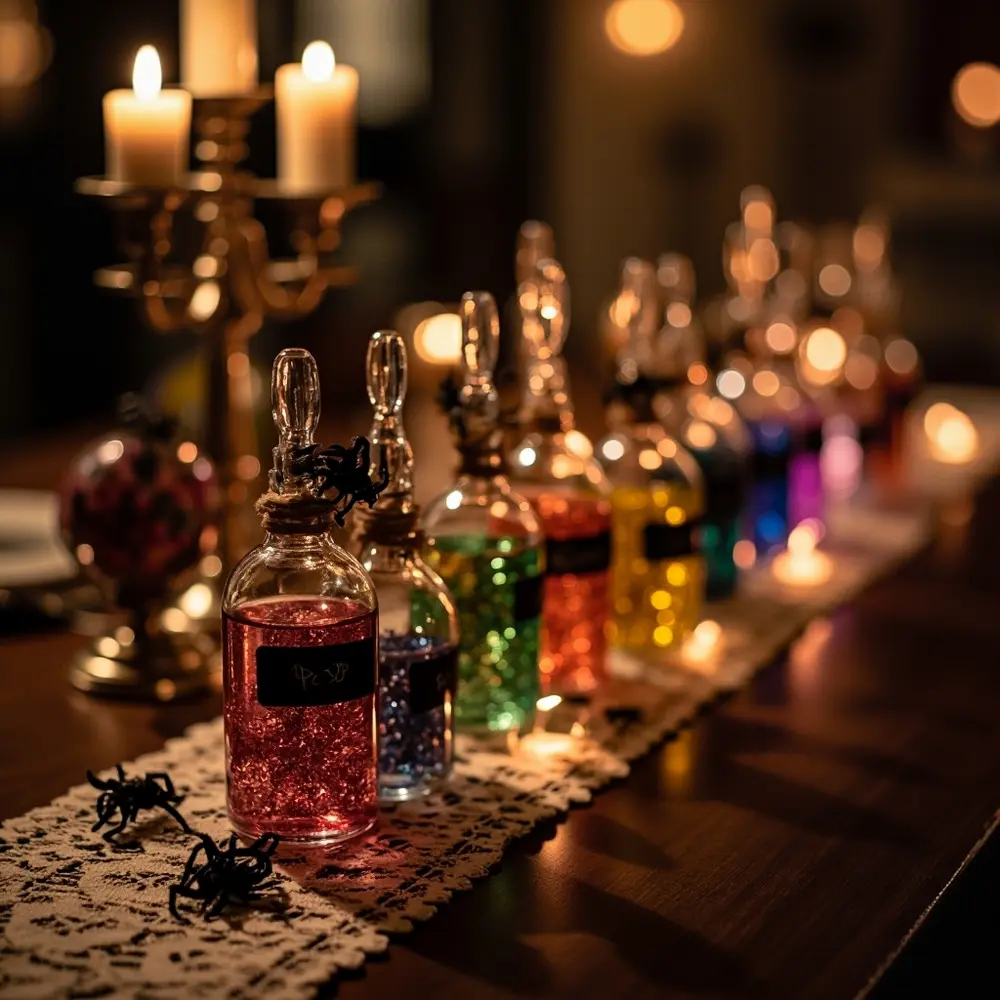 How to DIY Your Halloween Wedding Decor: 5 Easy Projects to Start Now 3 Arrangement bottles various a finished centerpiece showcasing labels and potion 3 p bottle with image embellishments