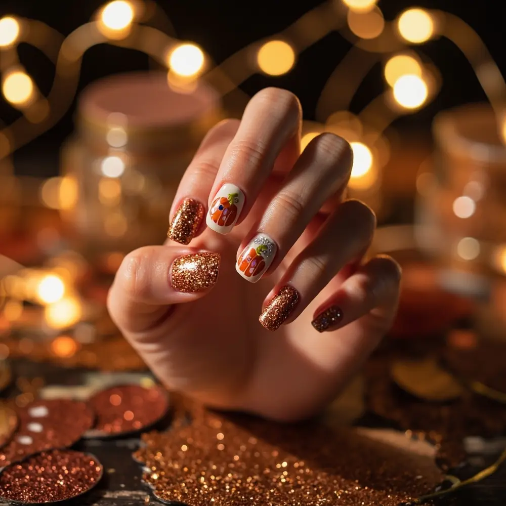 15 Adorable Pumpkin Nail Designs for Your Perfect Fall & Halloween Manicure 3 Filled outlined glitter or placement instruction with pumpkins fine brightly 3 p featuring nails image chunky sparkling