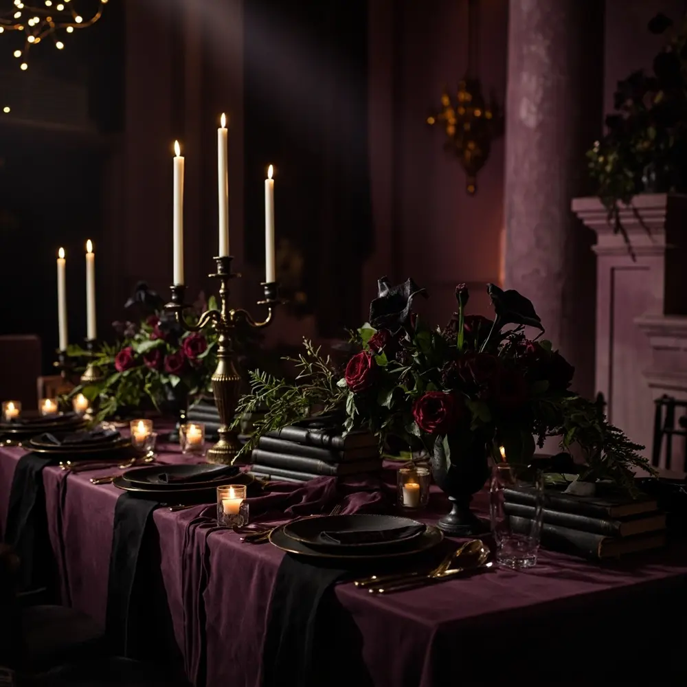 Elegant Gothic Wedding on a Budget: Stunning Ideas for a Dream Celebration 3 Instruction inspired floral dark with a of vintage p wedding set and an linens candles elements beautifully image arrangements faux placement 3 table abundance